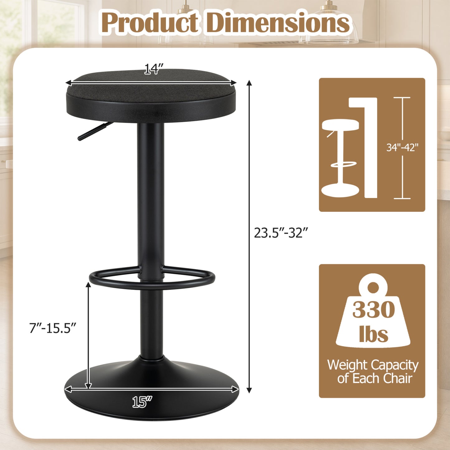 Set of 2 Kitchen Bar Stools with Height Adjustment Padded Seat and D-Shaped Footrest-Black