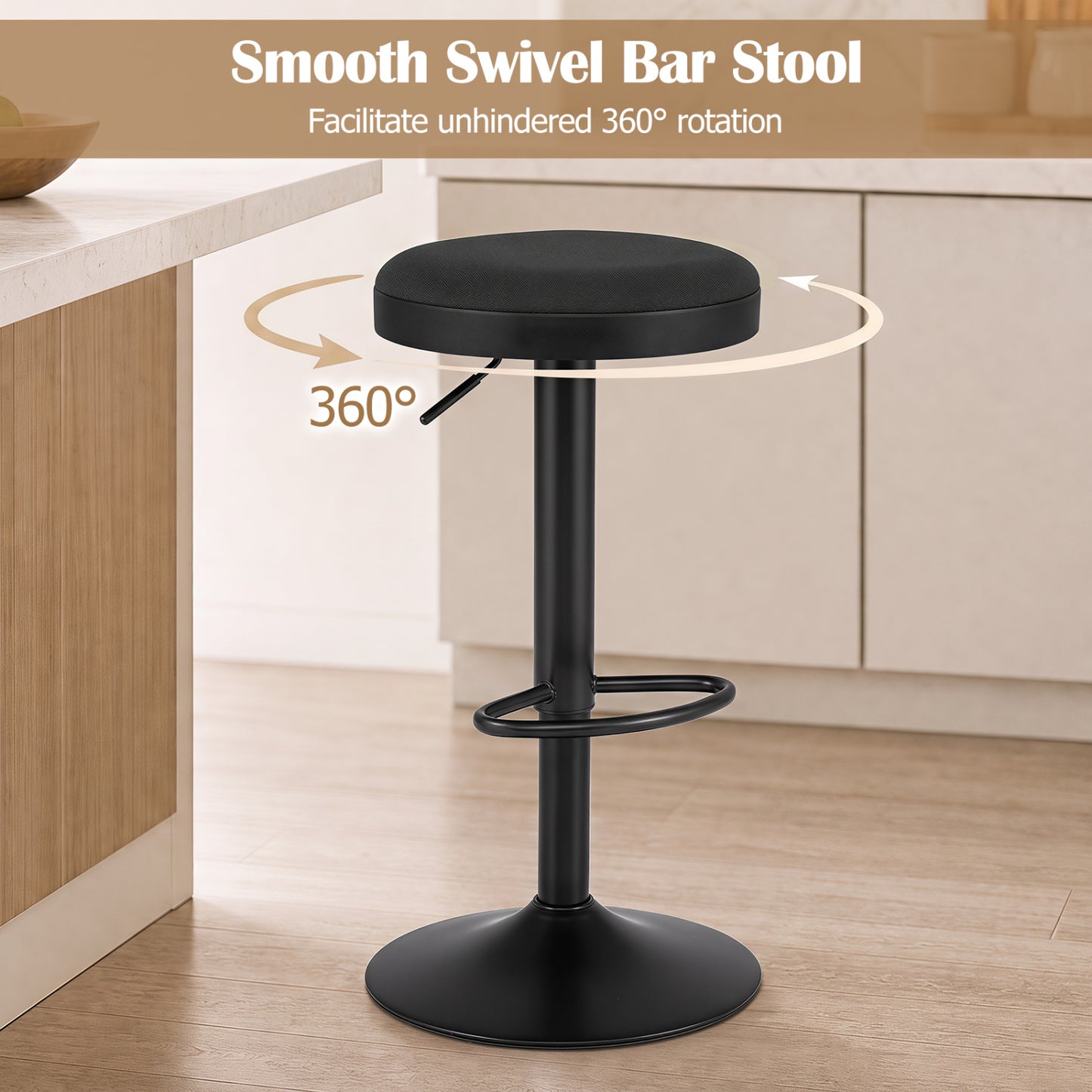 Set of 2 Kitchen Bar Stools with Height Adjustment Padded Seat and D-Shaped Footrest-Black
