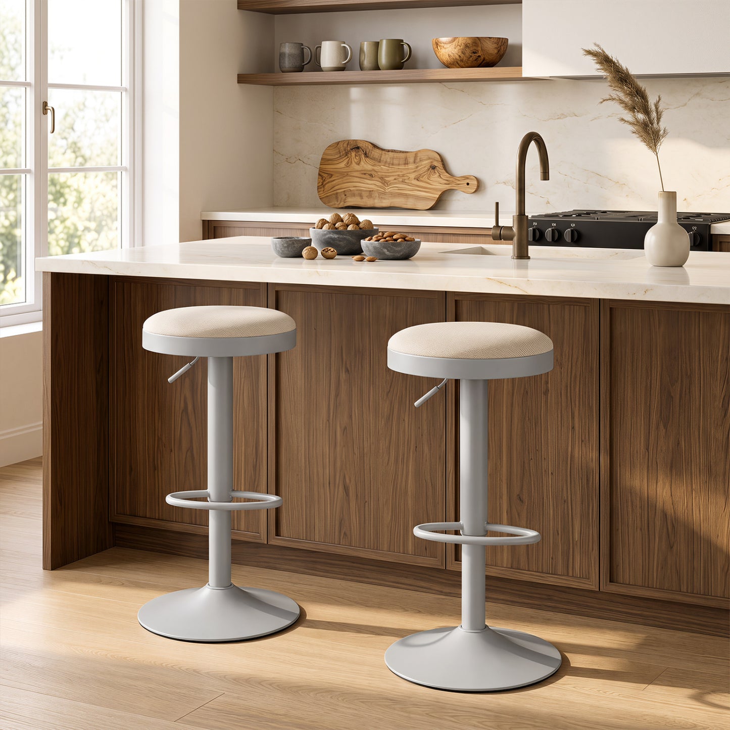 Set of 2 Kitchen Bar Stools with Height Adjustment Padded Seat and D-Shaped Footrest-Black