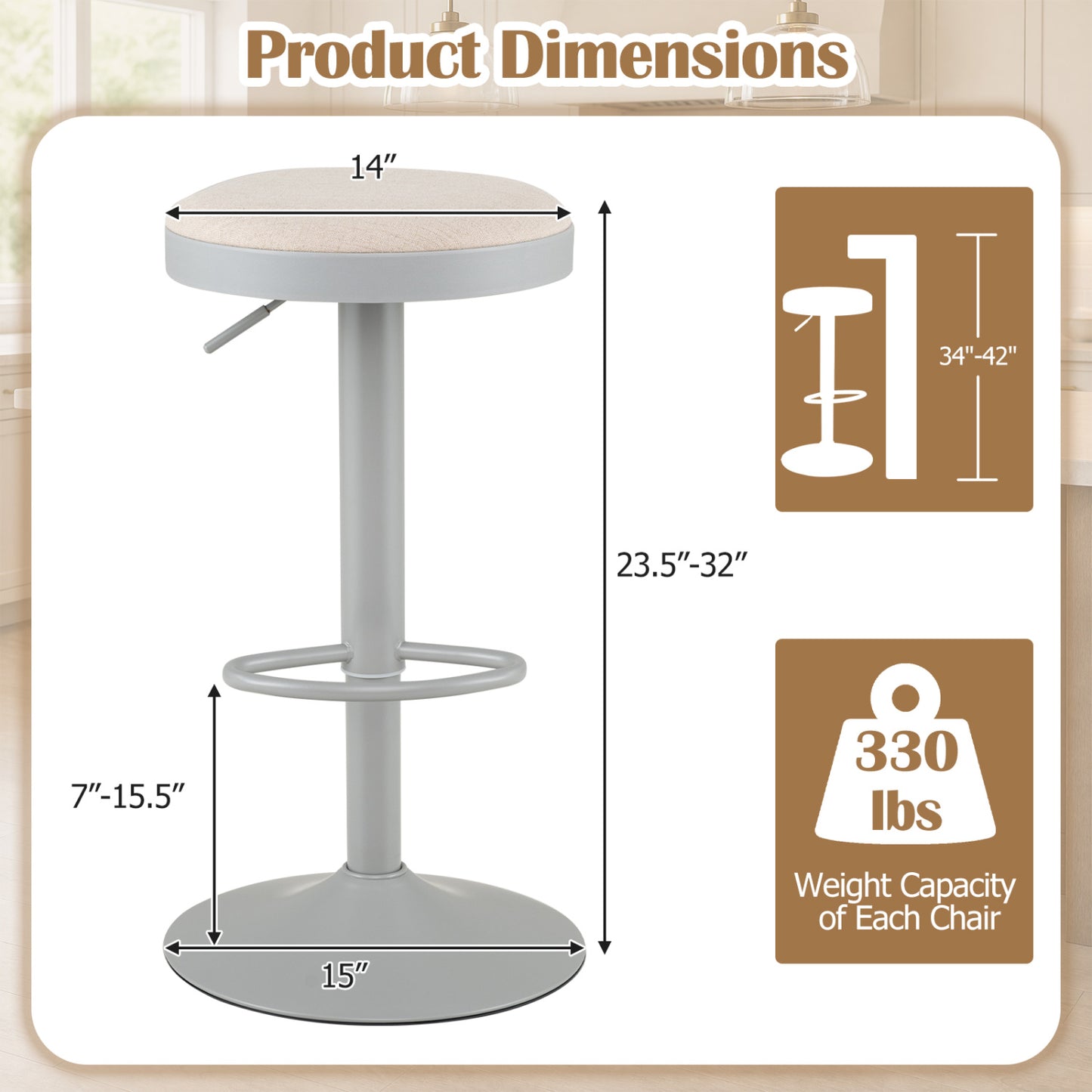 Set of 2 Kitchen Bar Stools with Height Adjustment Padded Seat and D-Shaped Footrest-Black