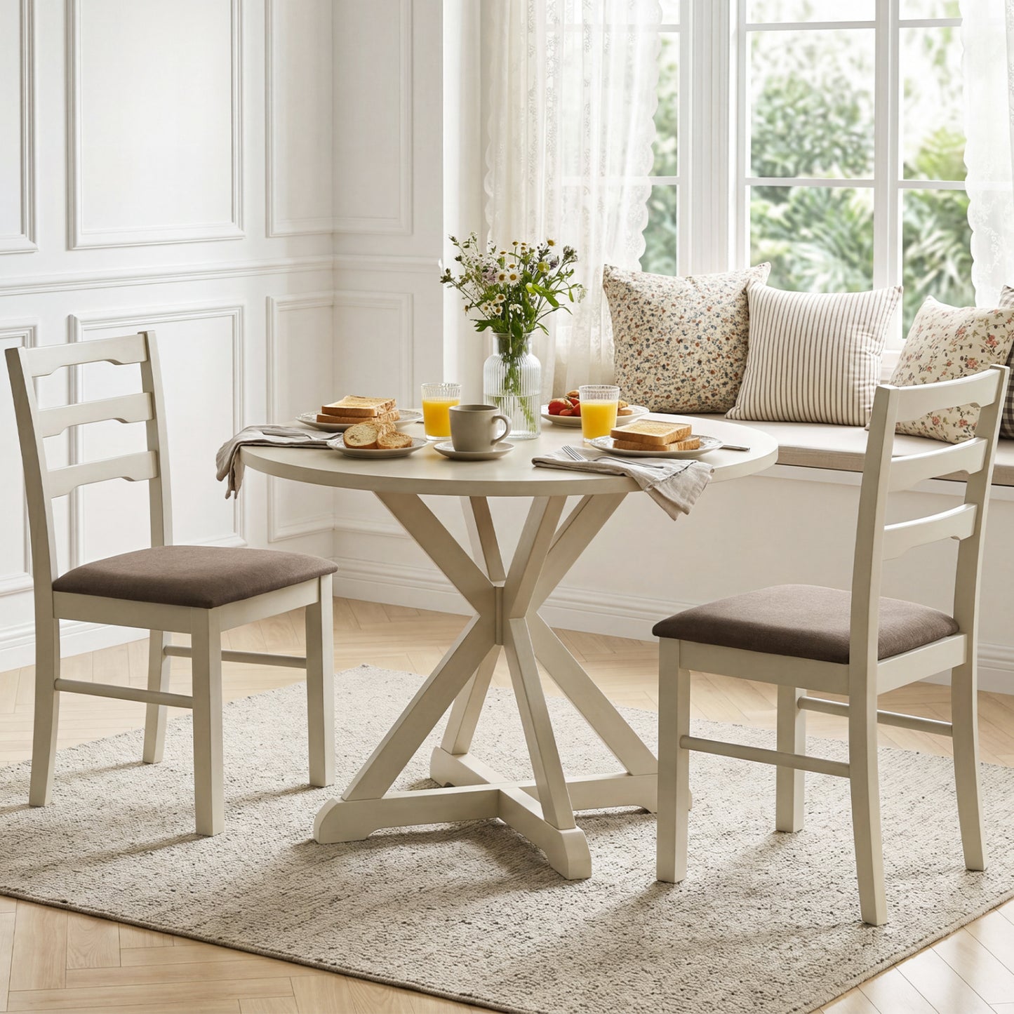 Set of 2 linen-style upholstered dining chairs with wood frames in white, designed for kitchen and dining spaces.