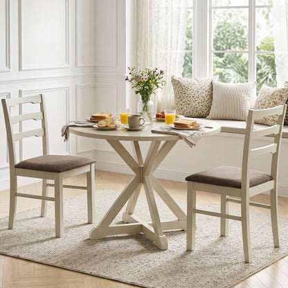 Set of 2 linen-style upholstered dining chairs with wood frames in white, designed for kitchen and dining spaces.