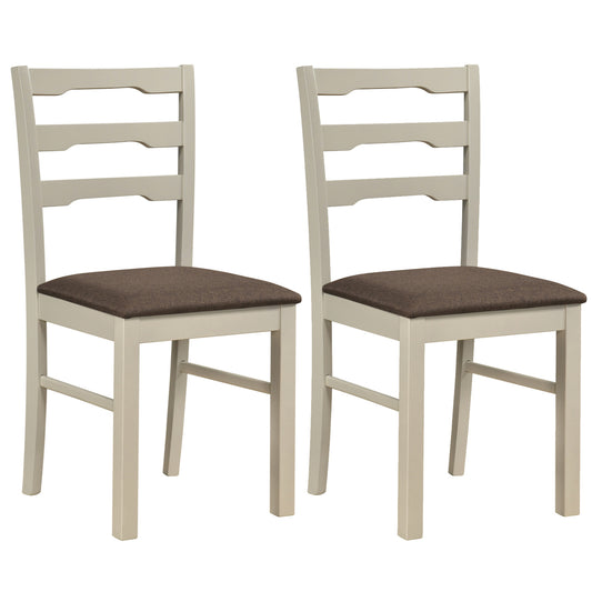 Set of 2 linen style upholstered dining chairs with wood frames, white fabric, and sleek design for kitchen and dining room.