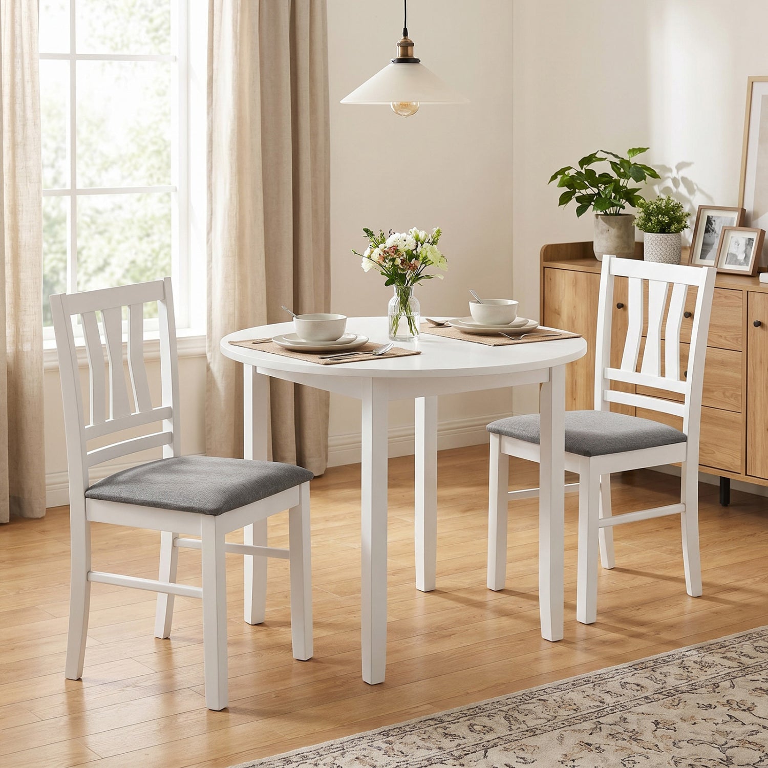 Set of 2 linen-style upholstered kitchen chairs with wood frames in white, designed for dining rooms.