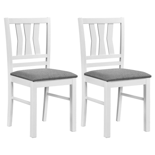 Set of 2 linen-style upholstered kitchen chairs with wood frames, white fabric, and cushioned seats for dining rooms.