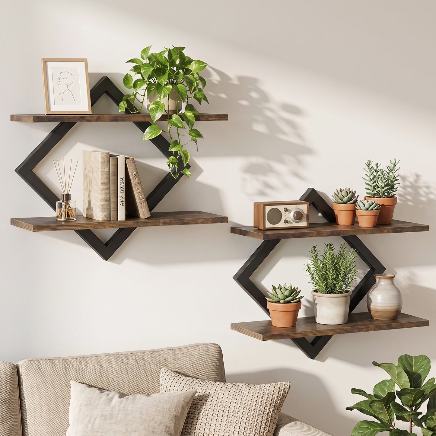 Set of 2 Metal Floating Shelves for Wall with Geometric Frame-Gray Oak