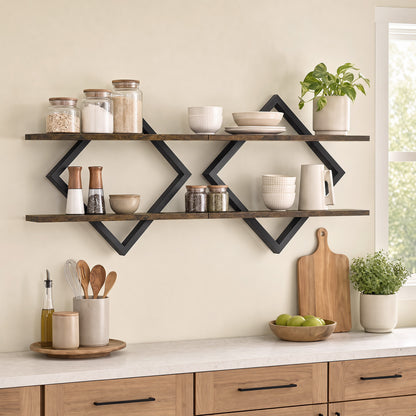 Set of 2 Metal Floating Shelves for Wall with Geometric Frame-Gray Oak