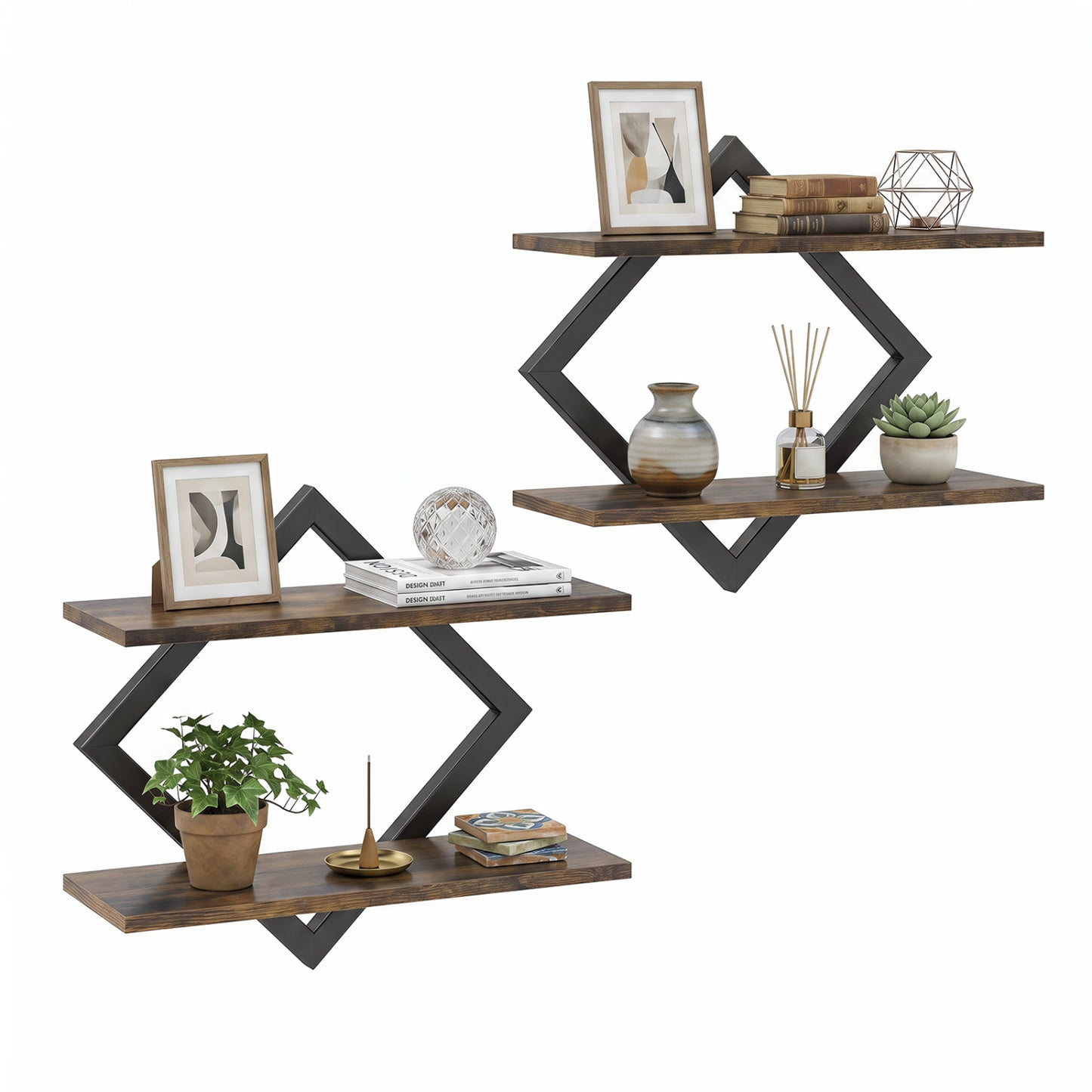 Set of 2 Metal Floating Shelves for Wall with Geometric Frame-Gray Oak