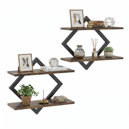 Set of 2 Metal Floating Shelves for Wall with Geometric Frame-Gray Oak