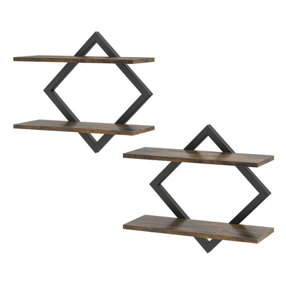 Set of 2 Metal Floating Shelves for Wall with Geometric Frame-Gray Oak
