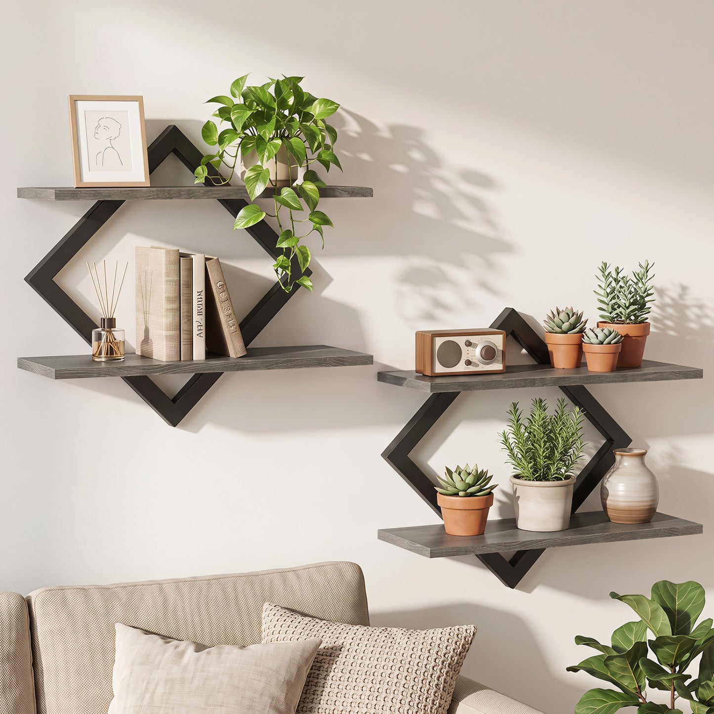 Set of 2 Metal Floating Shelves for Wall with Geometric Frame-Gray Oak