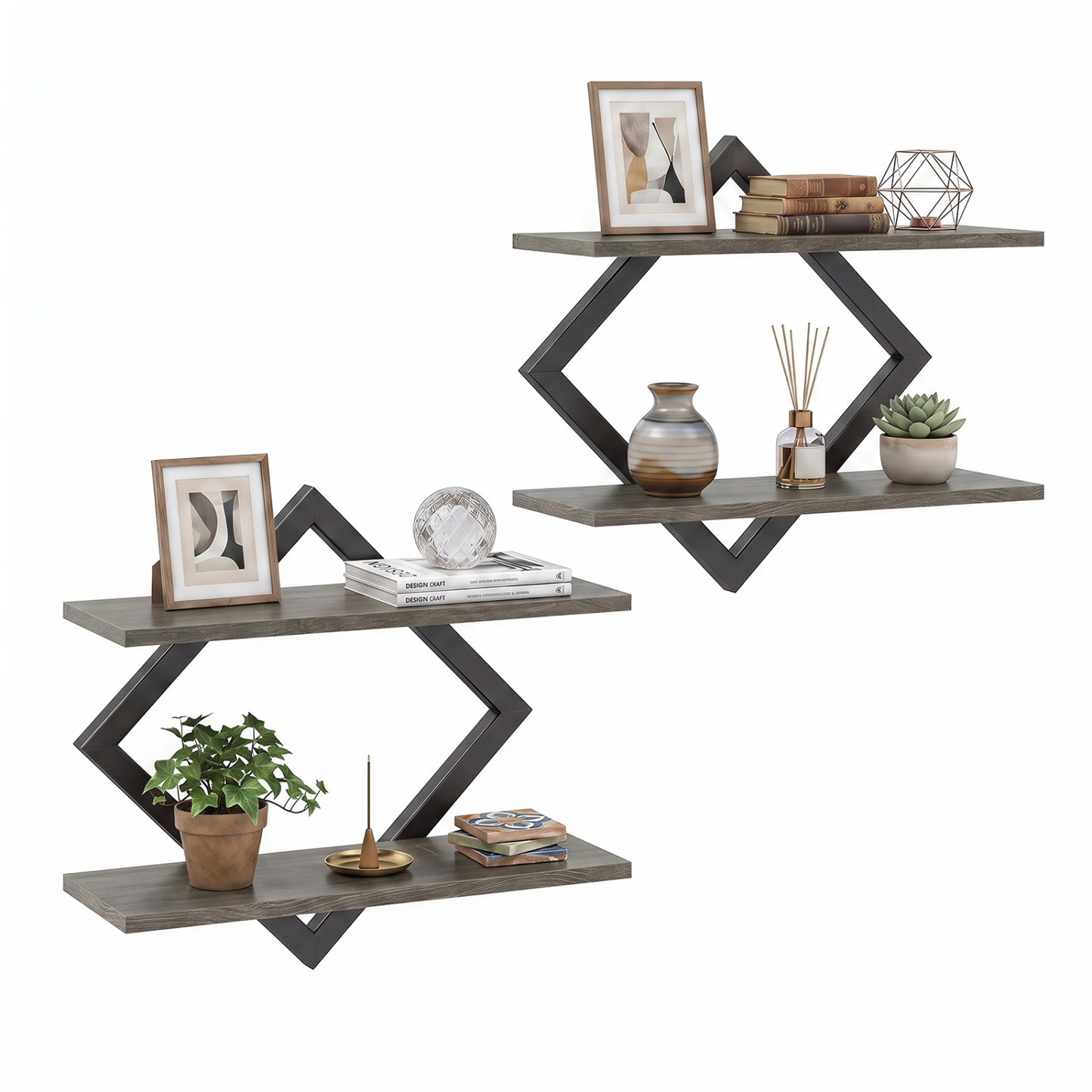 Set of 2 Metal Floating Shelves for Wall with Geometric Frame-Gray Oak