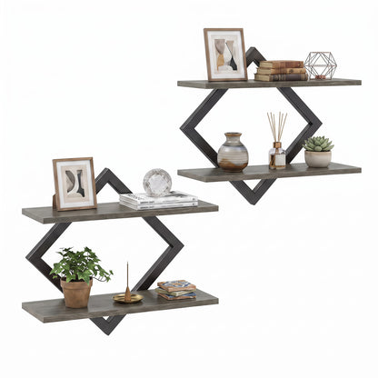 Set of 2 Metal Floating Shelves for Wall with Geometric Frame-Gray Oak