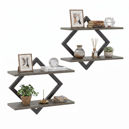 Set of 2 gray oak metal floating wall shelves with geometric frames, ideal for home office or living space decor.