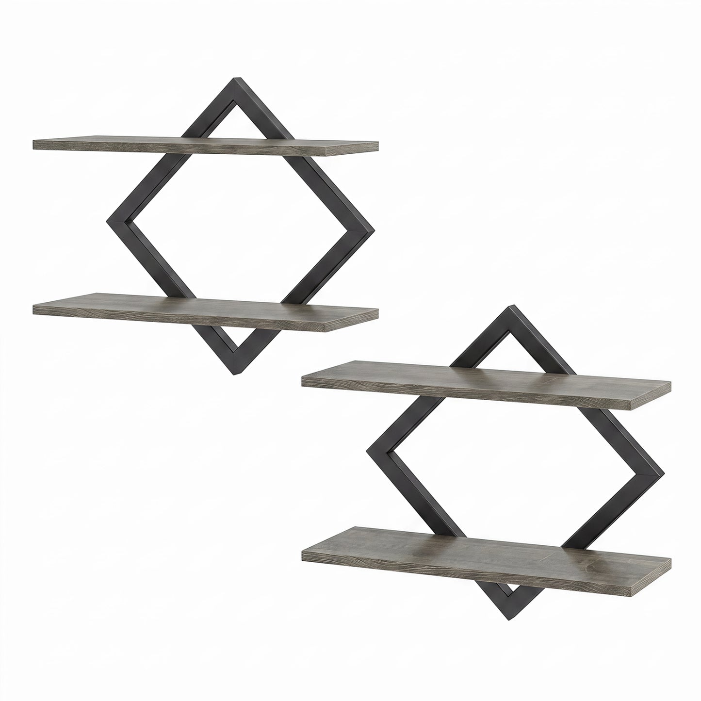Set of 2 Metal Floating Shelves for Wall with Geometric Frame-Gray Oak