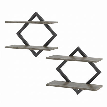 Set of 2 Metal Floating Shelves for Wall with Geometric Frame-Gray Oak