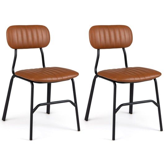 Set of 2 modern brown dining chairs with ergonomic backs, metal legs, rivet accents, and embellished edges.