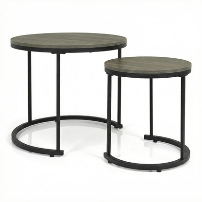 Set of 2 Modern Round Stacking Nesting Coffee Tables-Oak