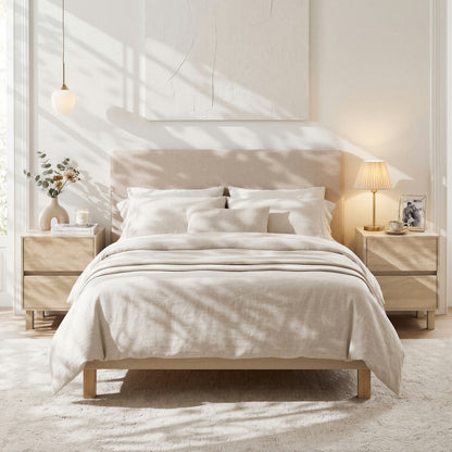 Set of 2 modern wooden end tables with natural finish, featuring two storage drawers for living room decor.