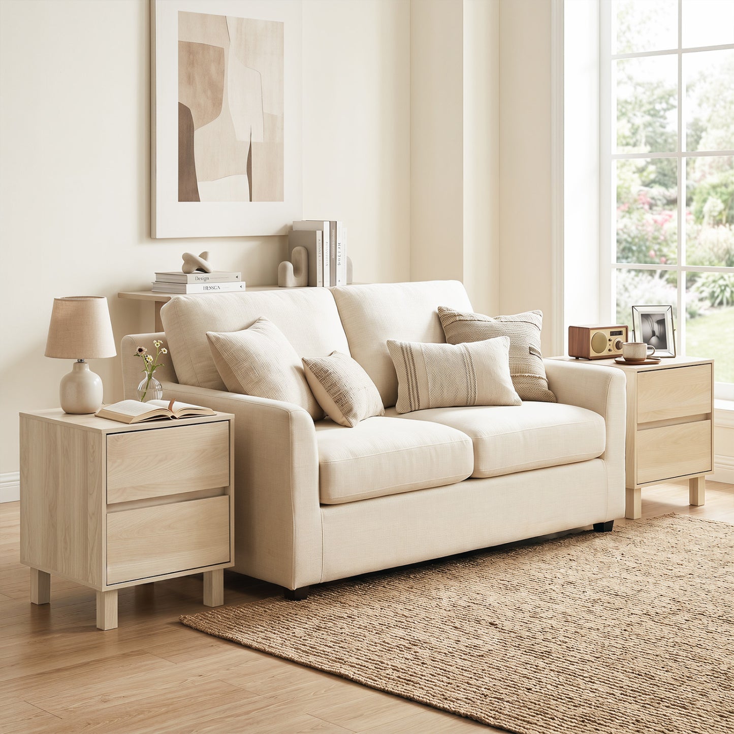 Set of 2 modern wooden end tables with two storage drawers, natural finish, perfect for living room decor.