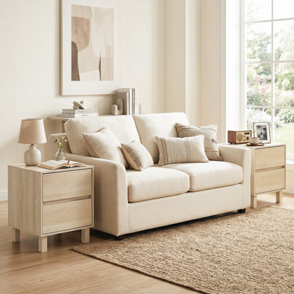 Set of 2 modern wooden end tables with two storage drawers, natural finish, perfect for living room decor.