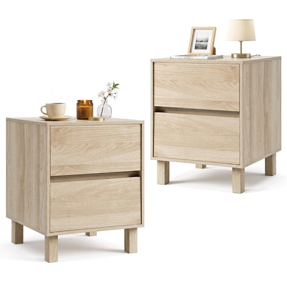 Set of 2 modern wooden end tables with storage drawers, natural finish, ideal for living room decor.