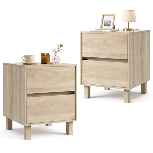 Set of 2 modern wooden end tables with storage drawers, natural finish, ideal for living room decor.