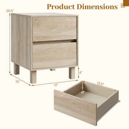 Set of 2 modern wooden end tables with natural finish and two storage drawers, ideal for living room decor.