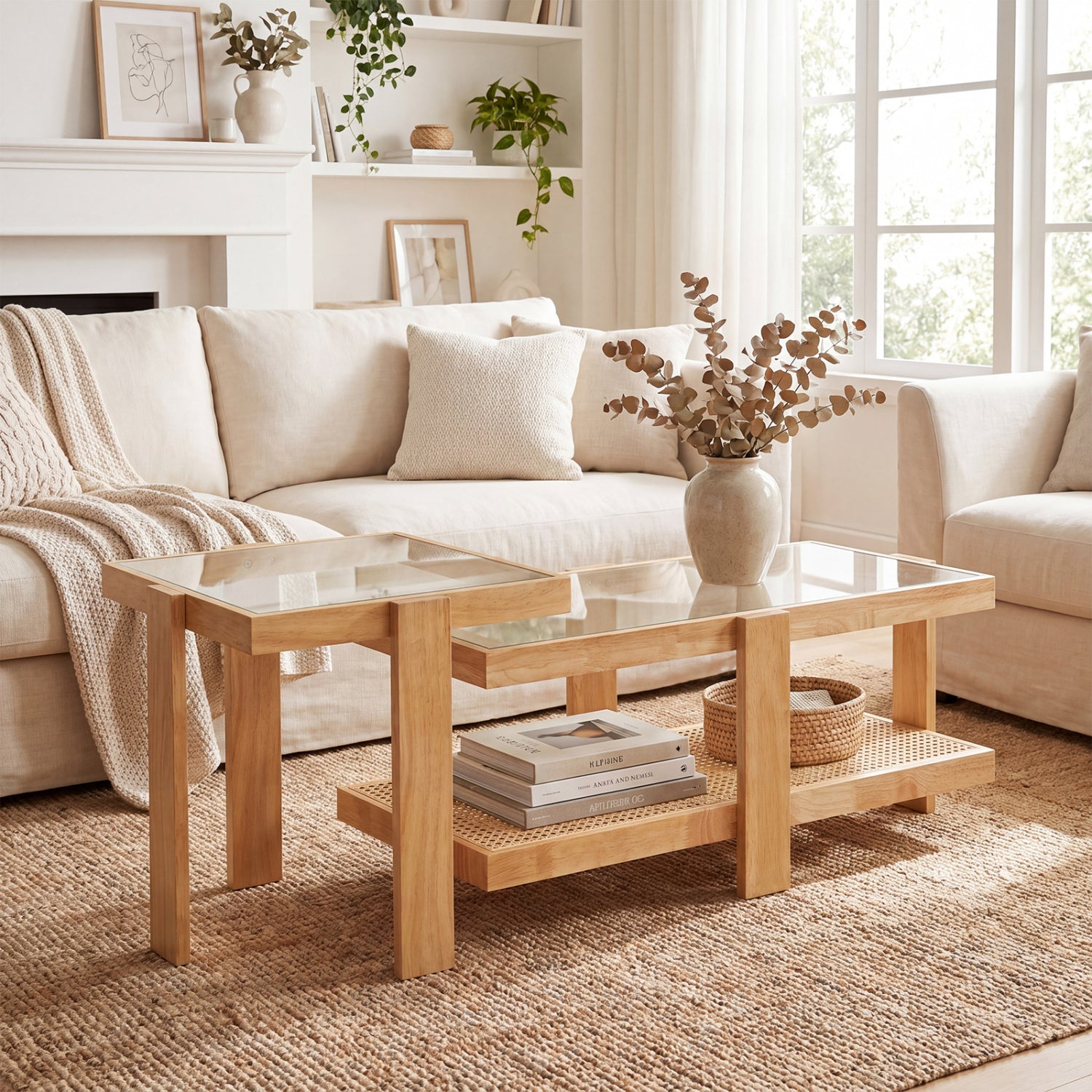 Set of 2 nesting coffee tables with natural boho rattan accents, stylish living room furniture by Wilsons Home Store