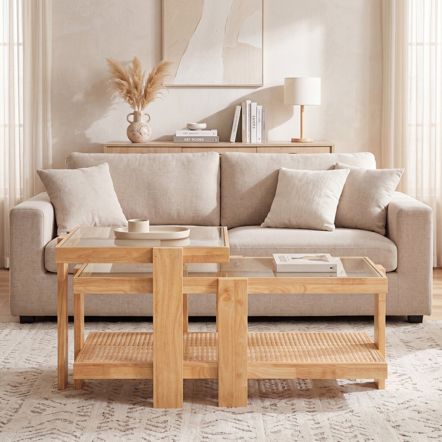 Set of 2 nesting coffee tables with natural rattan accents, modern boho style, ideal for living room decor.