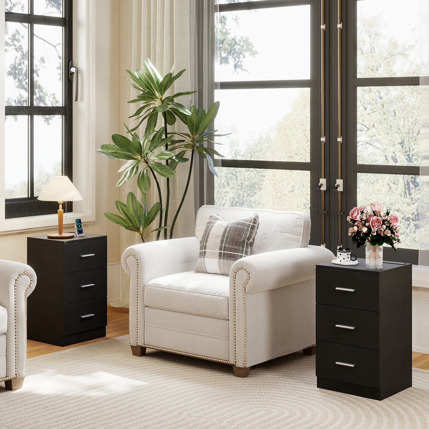 Set of 2 Nightstand with Charging Station End Table with 3 Storage Drawers Bedside Table for Bedroom-Black