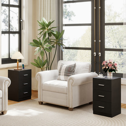 Set of 2 Nightstand with Charging Station End Table with 3 Storage Drawers Bedside Table for Bedroom-Black