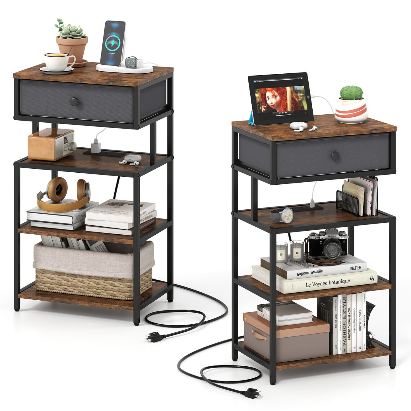 Set of 2 Nightstand with Charging Station 28 Inch Tall Bedside Table with Fabric Drawer-Rustic Brown