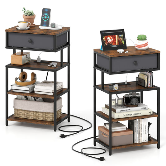 Set of 2 Nightstand with Charging Station 28 Inch Tall Bedside Table with Fabric Drawer-Rustic Brown