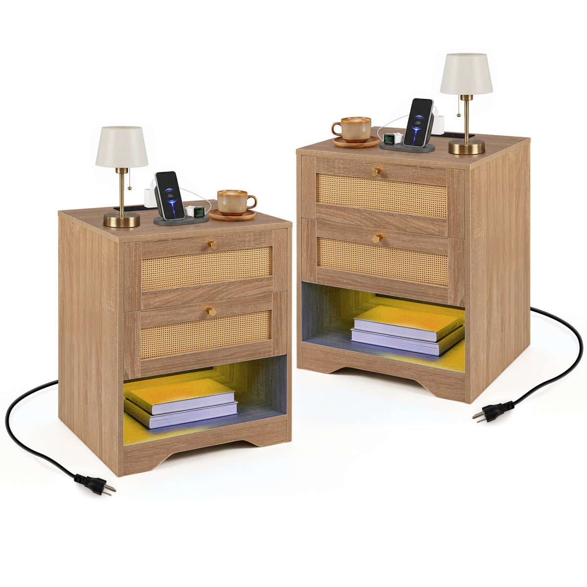 Set of 2 Nightstands with Charging Station and LED Light Strip for Bedroom and Living Room-Oak