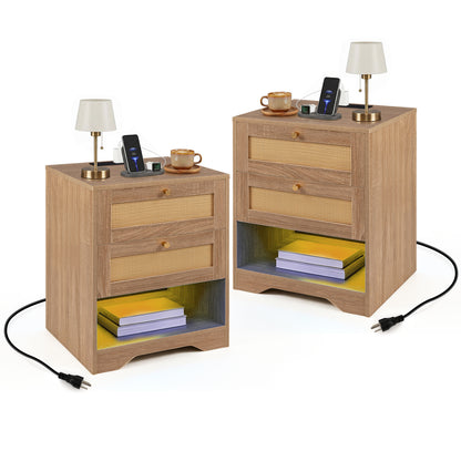 Set of 2 Nightstands with Charging Station and LED Light Strip for Bedroom and Living Room-Oak