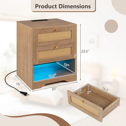 Set of 2 Nightstands with Charging Station and LED Light Strip for Bedroom and Living Room-Oak