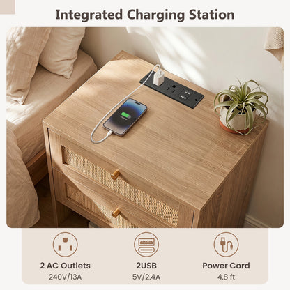 Set of 2 Nightstands with Charging Station and LED Light Strip for Bedroom and Living Room-Oak
