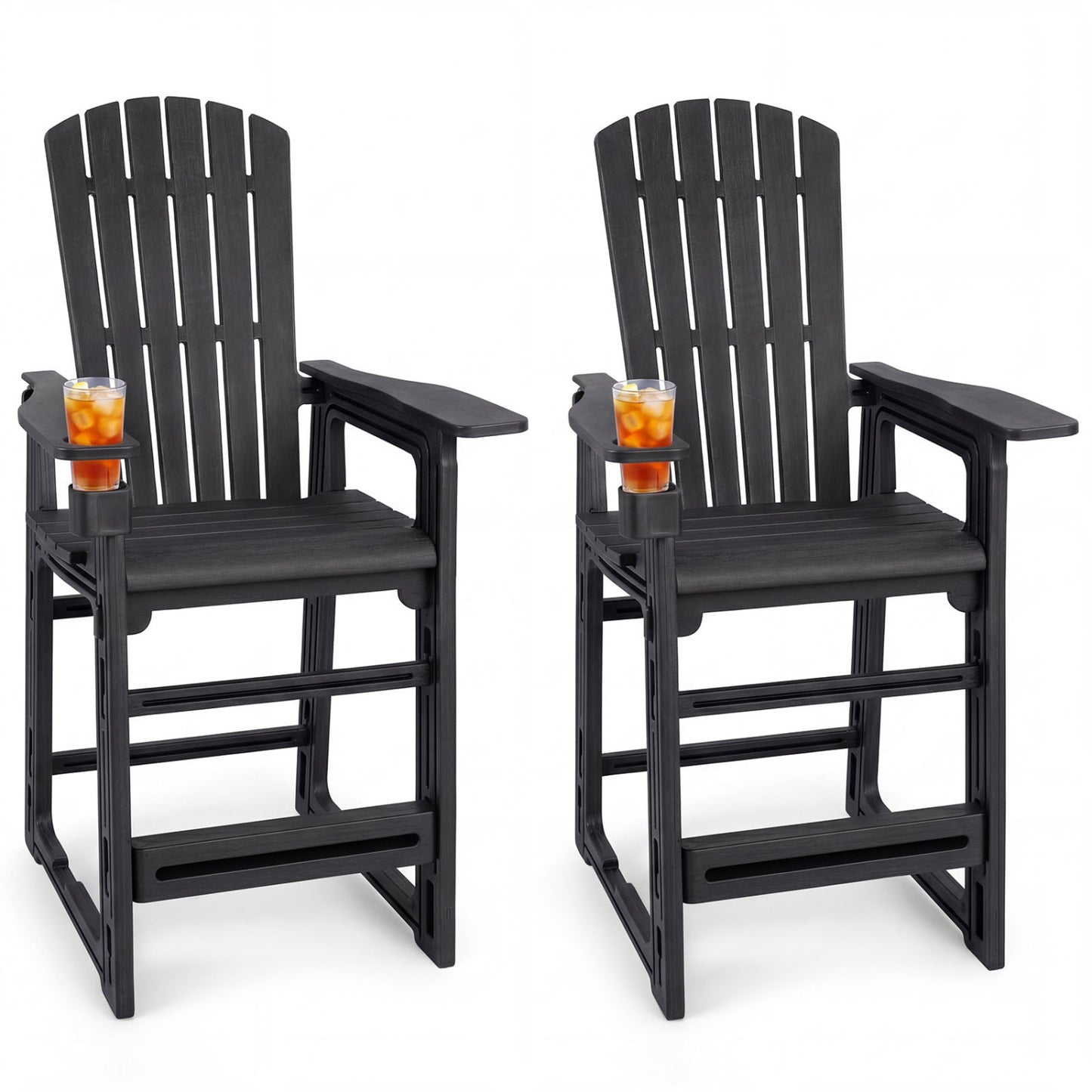 Set of 2 black outdoor 29-inch bar stools with backrests and armrests, designed for patio or outdoor bar seating.