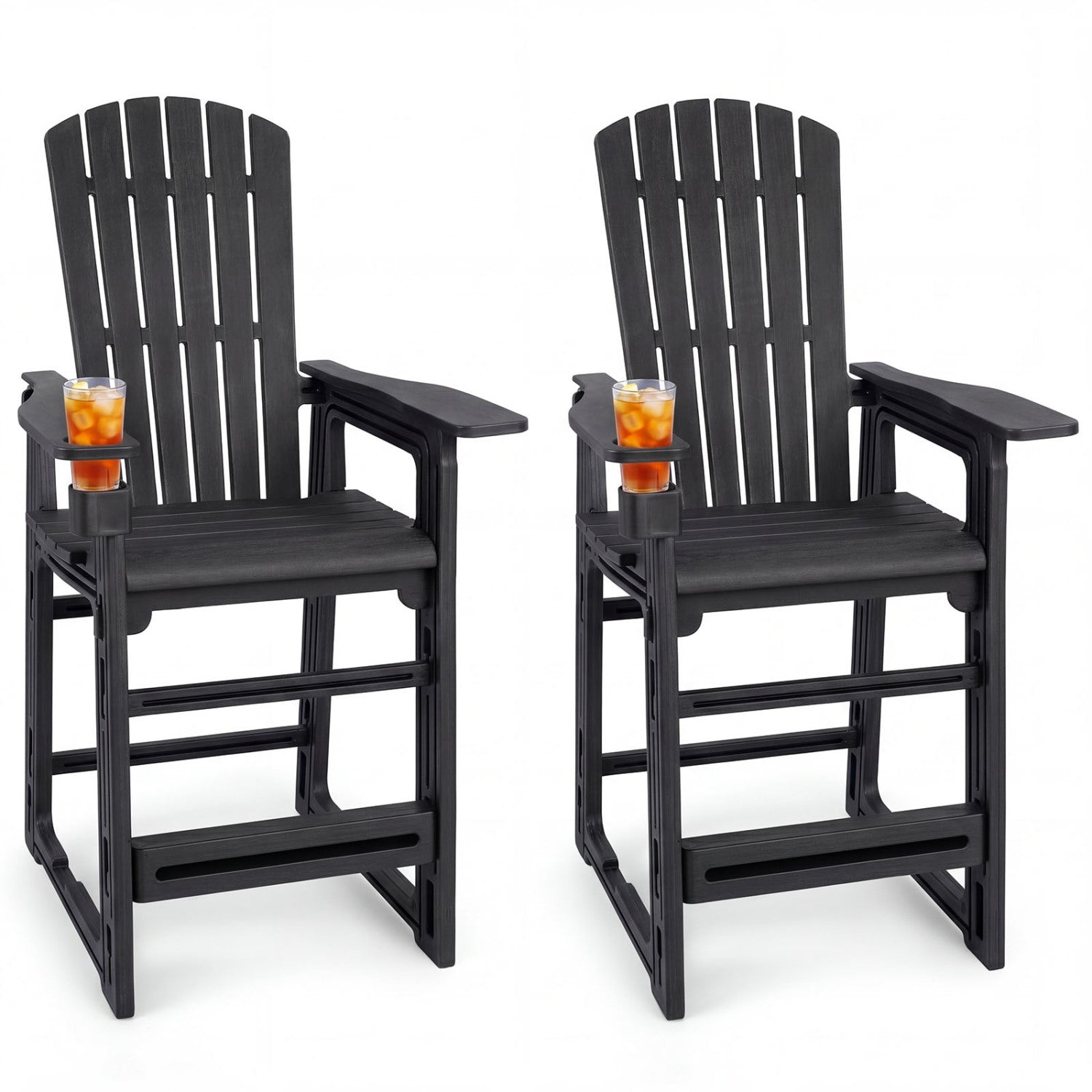 Set of 2 black outdoor 29-inch bar stools with backrests and armrests, designed for patio or outdoor bar seating.