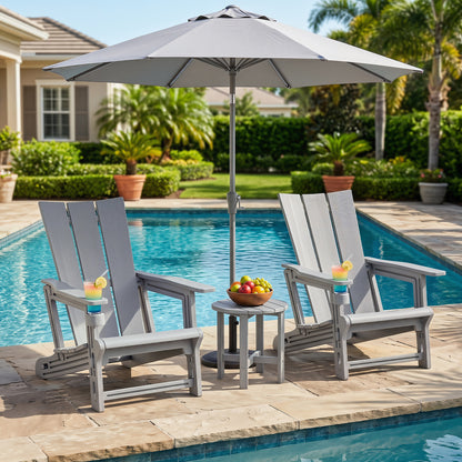 Set of two gray outdoor Adirondack chairs with built-in cup holders, ideal for patio relaxation and outdoor seating.