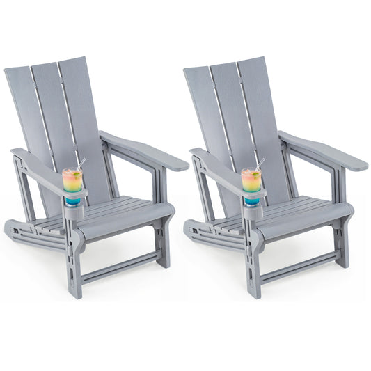 Set of 2 gray outdoor Adirondack chairs with cup holders, weather-resistant patio seating by Wilsons Home Store.