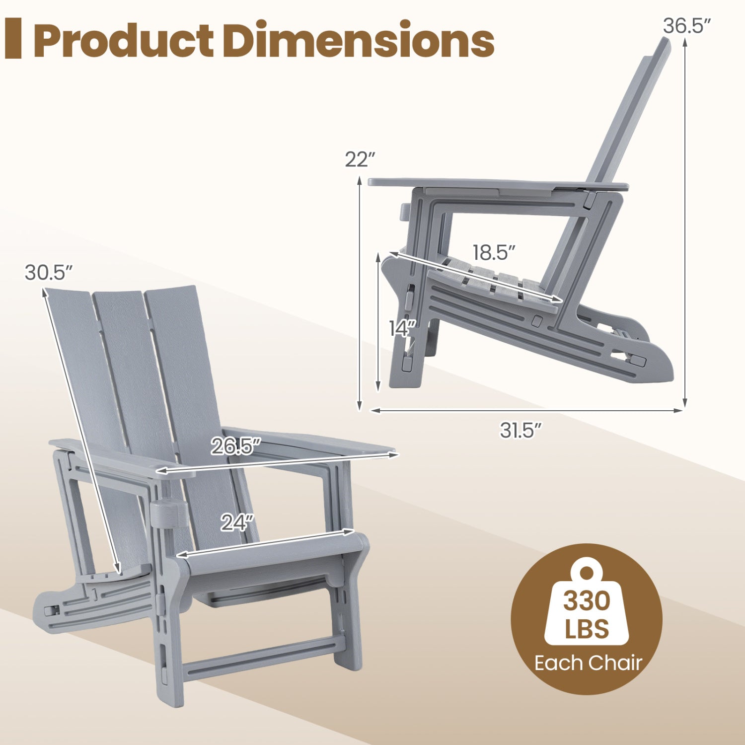 Set of 2 gray outdoor Adirondack chairs with built-in cup holders, perfect for patio seating and outdoor relaxation.