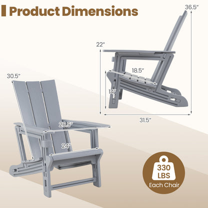 Set of 2 gray outdoor Adirondack chairs with built-in cup holders, perfect for patio seating and outdoor relaxation.