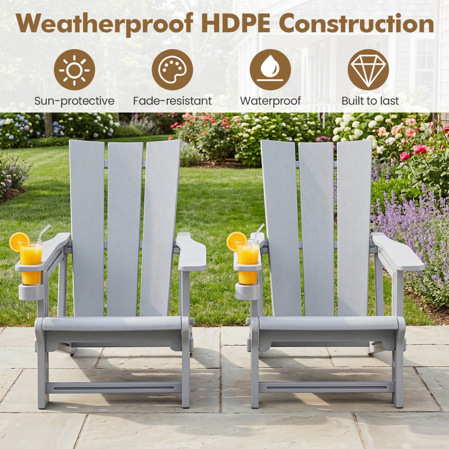 Set of 2 gray outdoor Adirondack chairs with cup holders, made of durable patio furniture for outdoor seating.