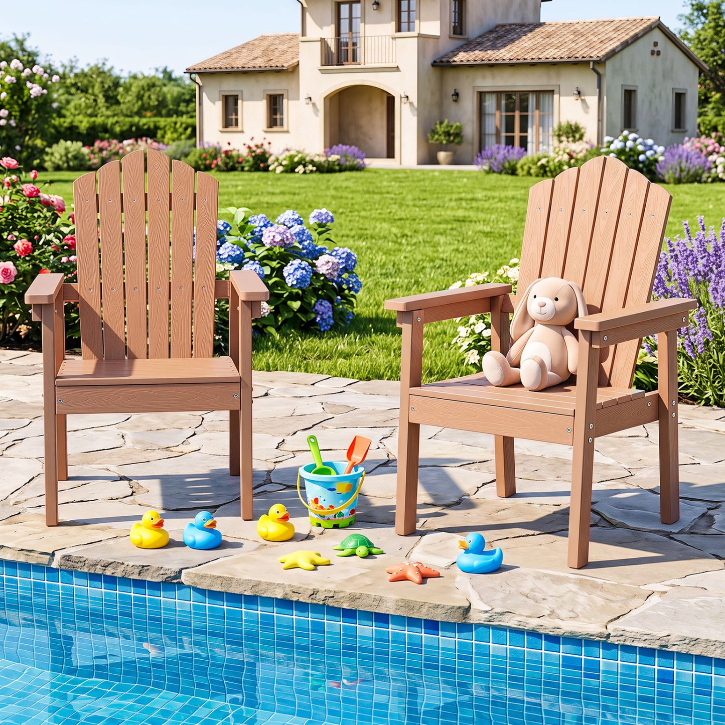 Set of 2 Outdoor Adirondack Chair with High Backrest Wide Armrests and Angled Seat for Deck-Brown