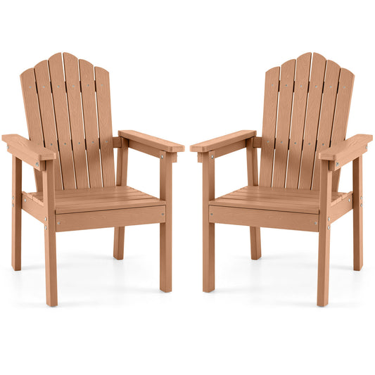 Set of 2 brown outdoor Adirondack chairs with high backrests, wide armrests, and angled seats for deck seating.