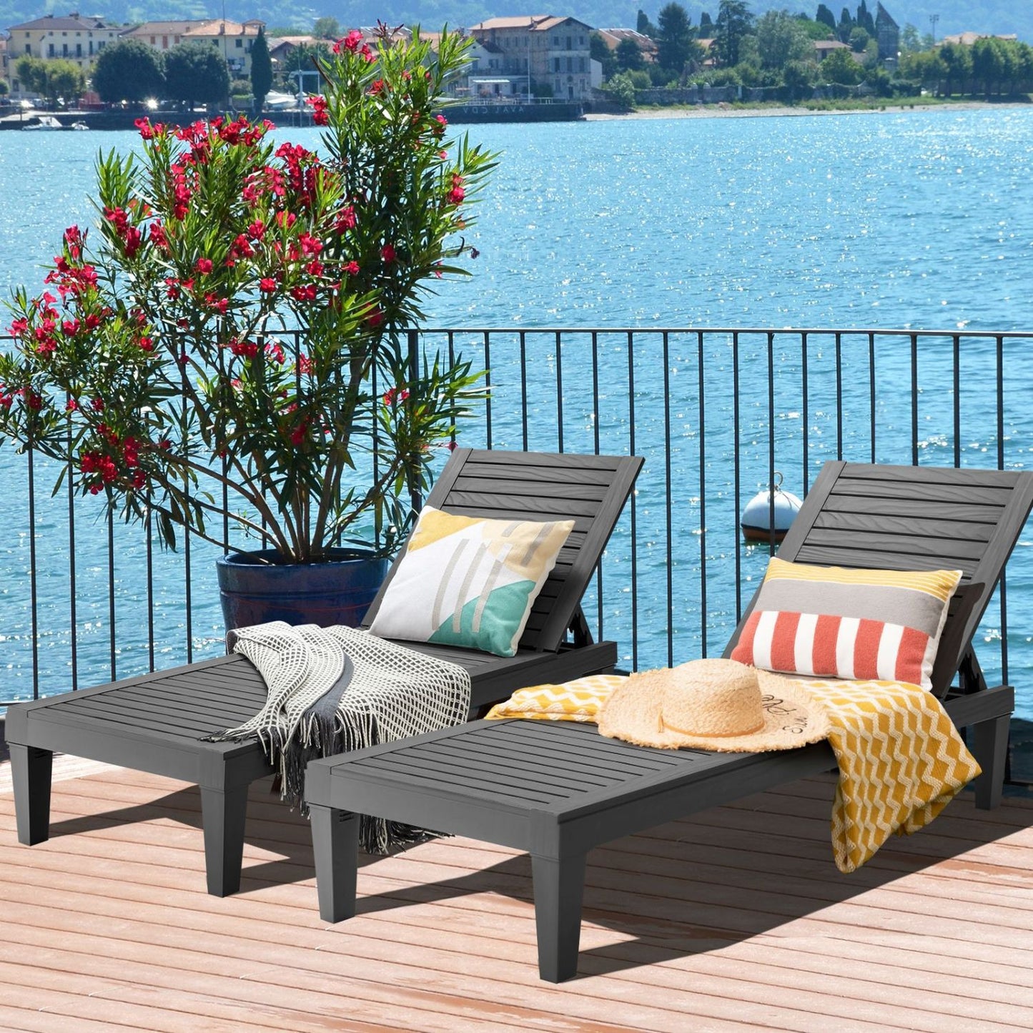 Set of 2 black outdoor chaise lounge chairs with 5-position adjustable backrests, perfect for patio relaxation.