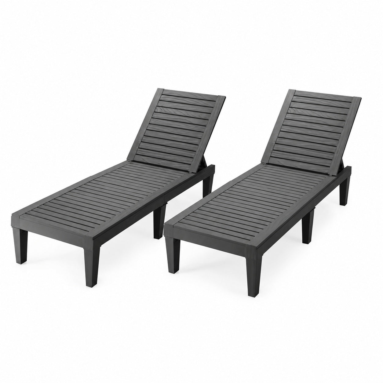Set of 2 black outdoor chaise lounge chairs with 5-position adjustable backrests, ideal for patio outdoor seating.