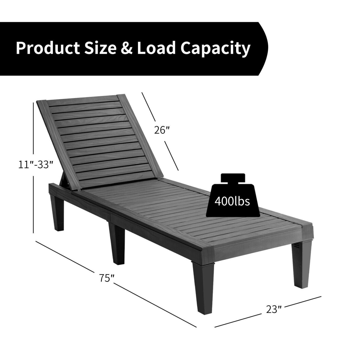 Set of 2 black outdoor chaise lounge chairs with adjustable backrests, perfect for patio relaxation and outdoor seating.